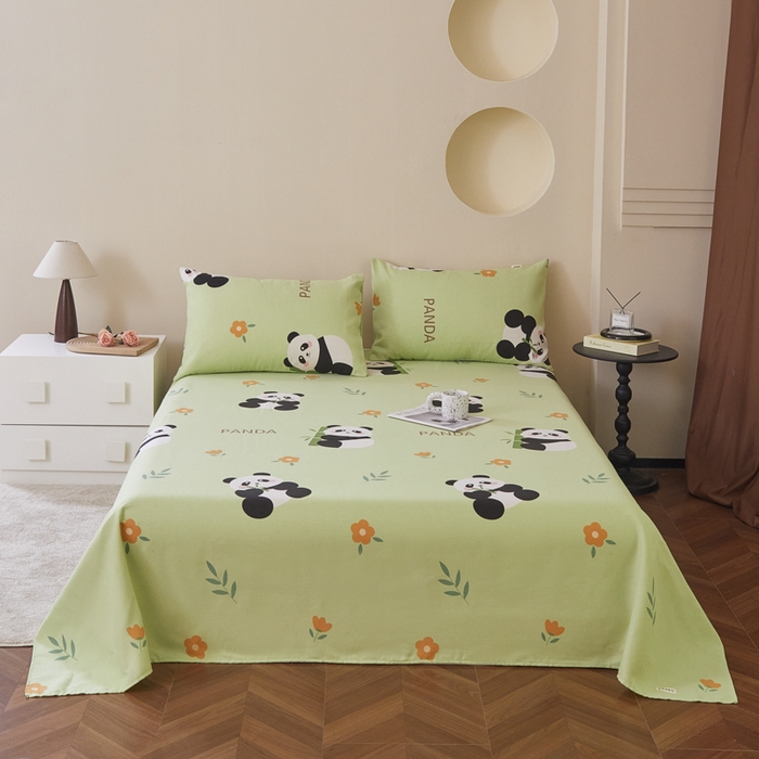 91家纺网 家纺一手货源 找家纺 绒艺席业 2025新款简约原棉印花老粗布床单 熊猫抱竹