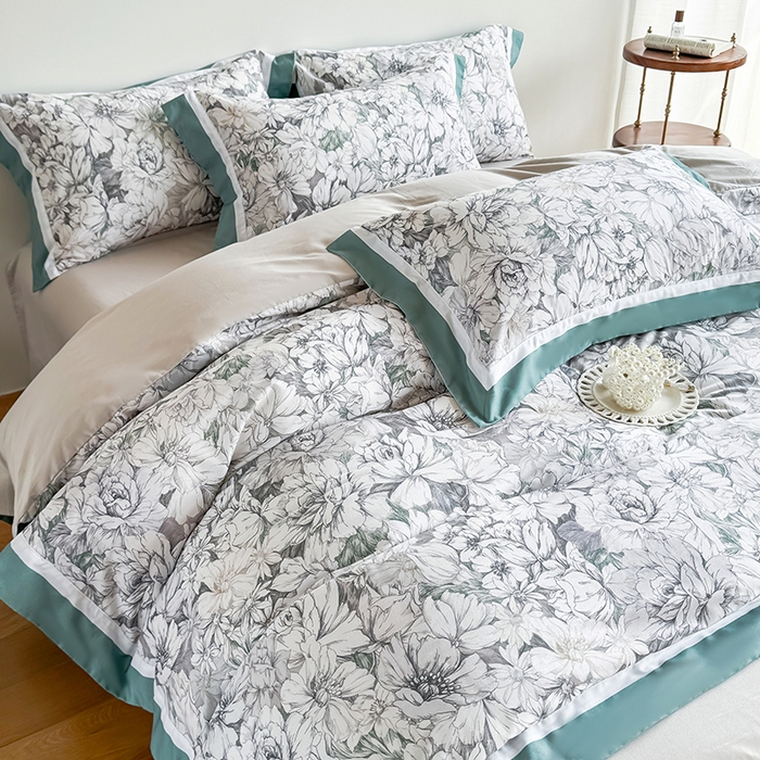 91家纺网 家纺一手货源 找家纺 巧玲珑 2025新款60支A类进口数码印花美式双拼四季款长绒棉四件套 梨花谷