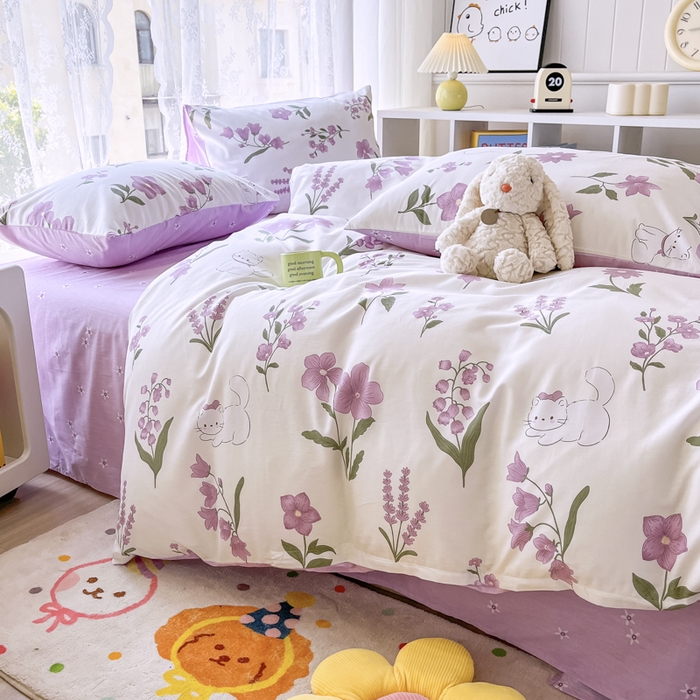 91家纺网 家纺一手货源 找家纺 世爵 2025新款全棉印花小清新套件系列-四件套 凯蒂猫-米