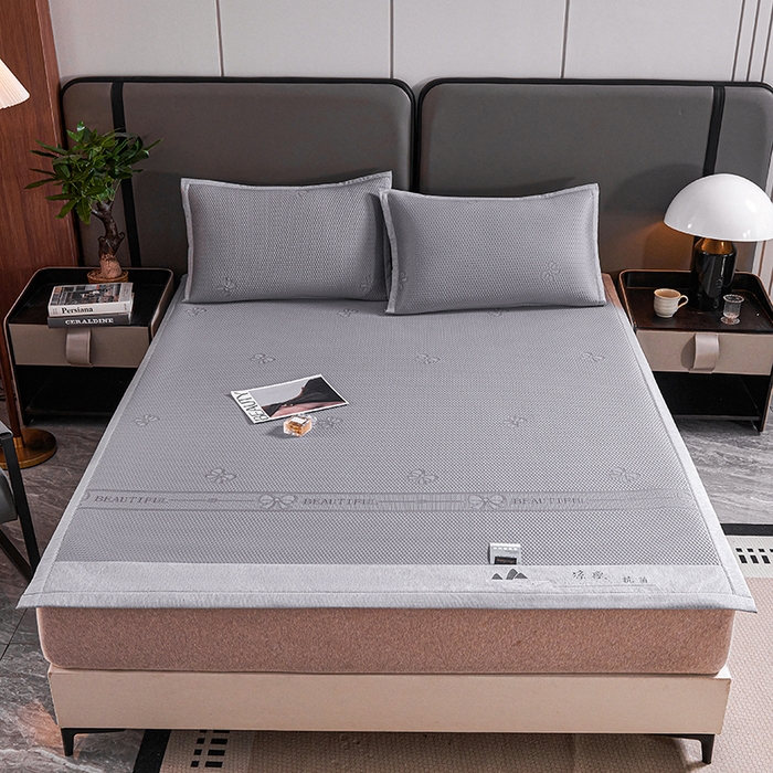 91家纺网 家纺一手货源 找家纺 梵克保罗 2025新款7A抗菌母婴级纯乙纶PE刺绣凉感丝豆豆席 蝴蝶结-灰