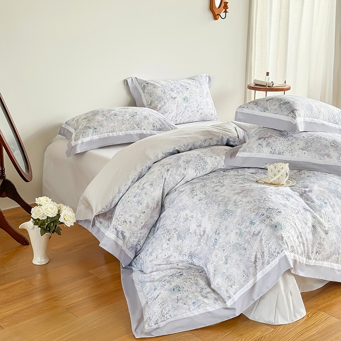 91家纺网 家纺一手货源 找家纺 巧玲珑 2025新款60支A类进口数码印花美式双拼四季款长绒棉四件套 水墨江南