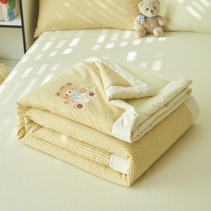 寐绸家纺  2025新款纯棉水洗棉微米格小熊款大豆纤维夏被四件套 小熊-米黄