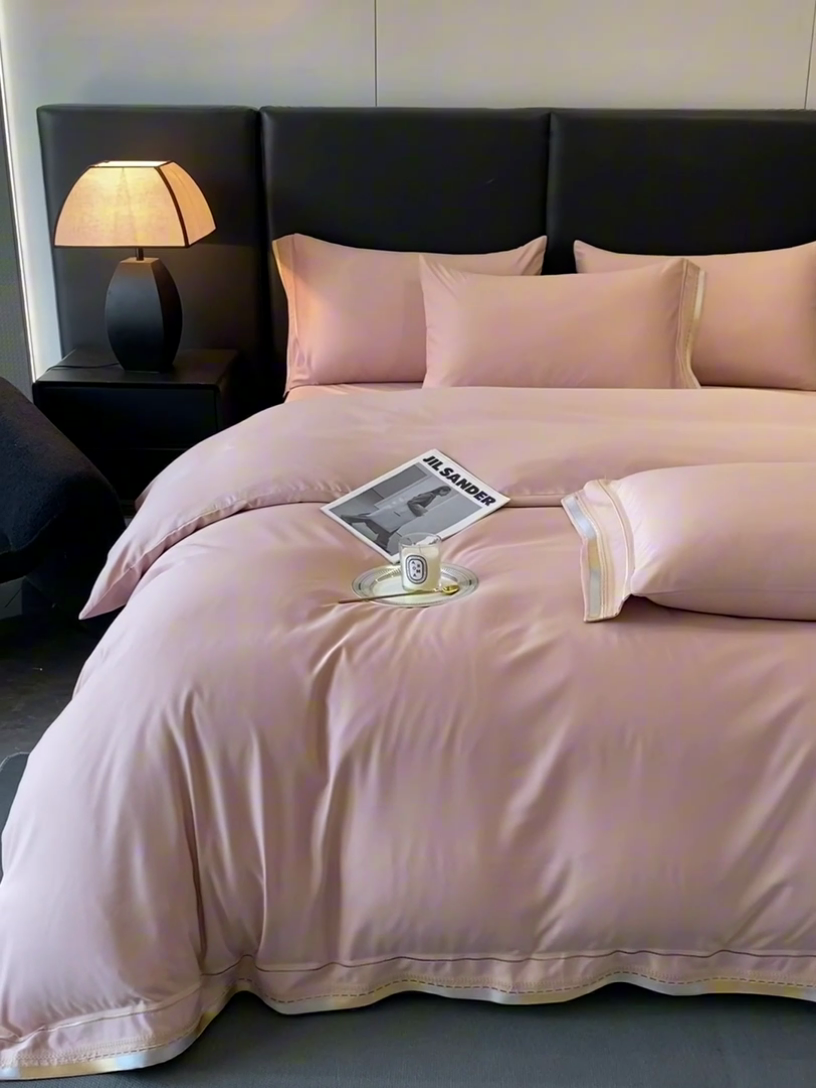 91家纺网 家纺一手货源 找家纺 金阳光家纺 2025新款莱赛尔天丝刺绣四件套 浅豆沙