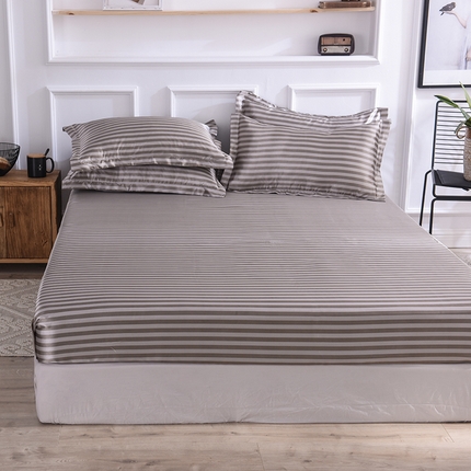 经年 2025新款条纹丝绸冰丝四件套-单床笠 咖啡中条