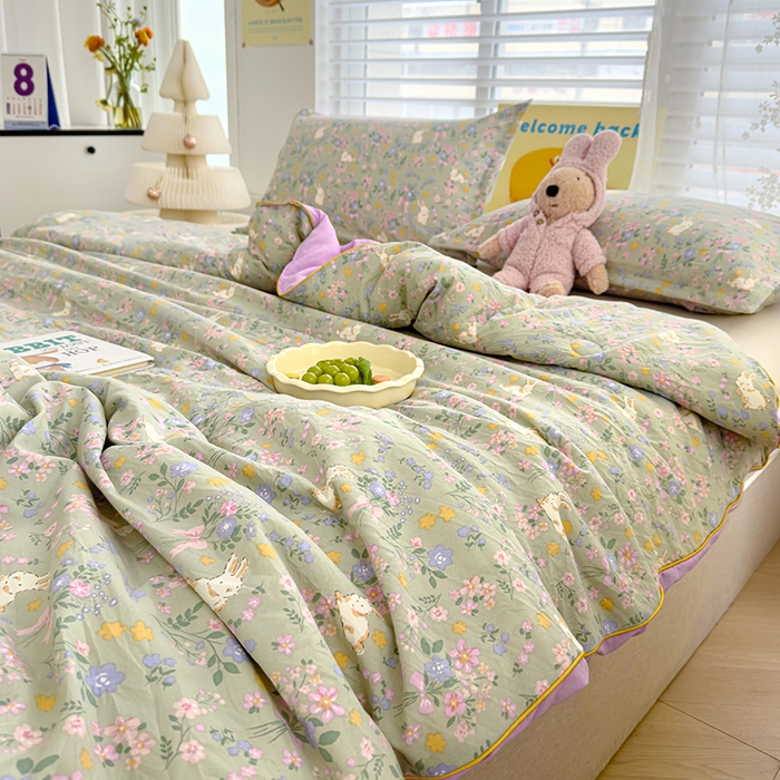 91家纺网 家纺一手货源 找家纺 星巴k家纺 2025新款A类水洗双层纱大豆纤维夏被夏凉被空调被 花园兔