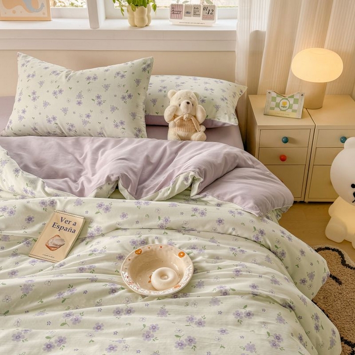 91家纺网 家纺一手货源 找家纺 2025新款40s全棉双层纱圆角吊边款四件套 浅梦-紫