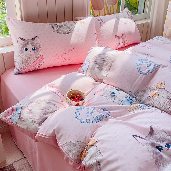 91家纺网 家纺一手货源 找家纺 澳梵家居 2025新款小清新全棉印花四件套 优雅猫咪