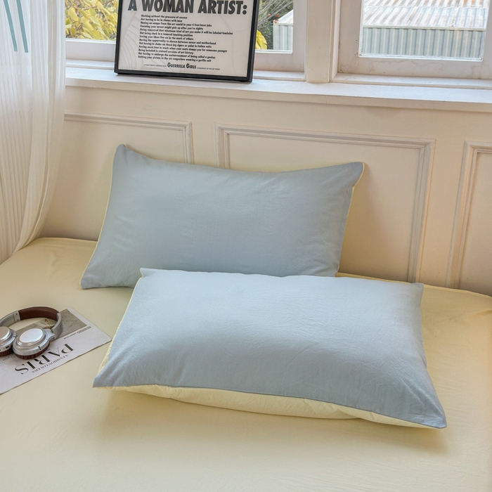 91家纺网 家纺一手货源 找家纺 冕悠家纺 2025新款A类105克超柔褶皱水洗棉拼色四件套 月白蓝+芝士黄