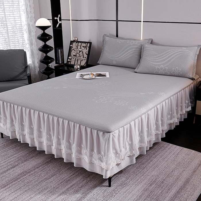 91家纺网 家纺一手货源 找家纺 梵克保罗 2025新款7A抗菌母婴级纯乙纶PE刺绣凉感丝豆豆席 床裙款 床裙款 浪花-灰