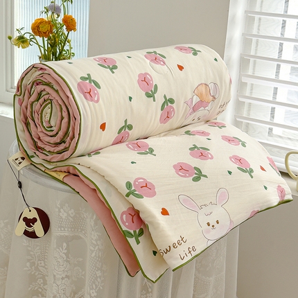 91家纺网 家纺一手货源 找家纺 星巴k家纺 2025新款A类水洗双层纱大豆纤维夏被夏凉被空调被 曼塔玫瑰