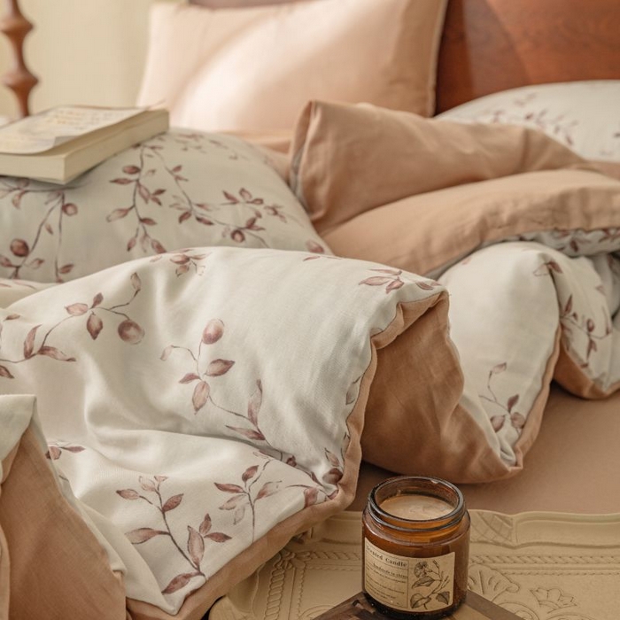 91家纺网 家纺一手货源 找家纺 2025新款40s全棉双层纱圆角吊边款四件套 叶初-咖