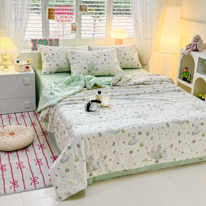 91家纺网 家纺一手货源 找家纺 洺兰家居 2025新款A类全棉印花麻绳款夏被四件套 月兔