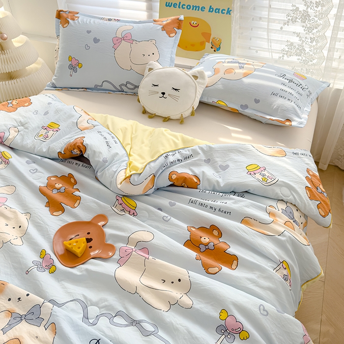 91家纺网 家纺一手货源 找家纺 星巴k家纺 2025新款A类水洗双层纱大豆纤维夏被夏凉被空调被 猫咪物语