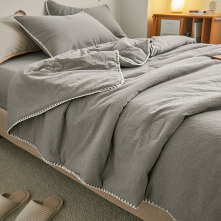 寐绸家纺 2025新款纯棉水洗棉极简风贝克边大豆纤维夏被四件套 简约贝壳边-浅灰