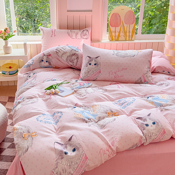 91家纺网 家纺一手货源 找家纺 澳梵家居 2025新款小清新全棉印花四件套 优雅猫咪