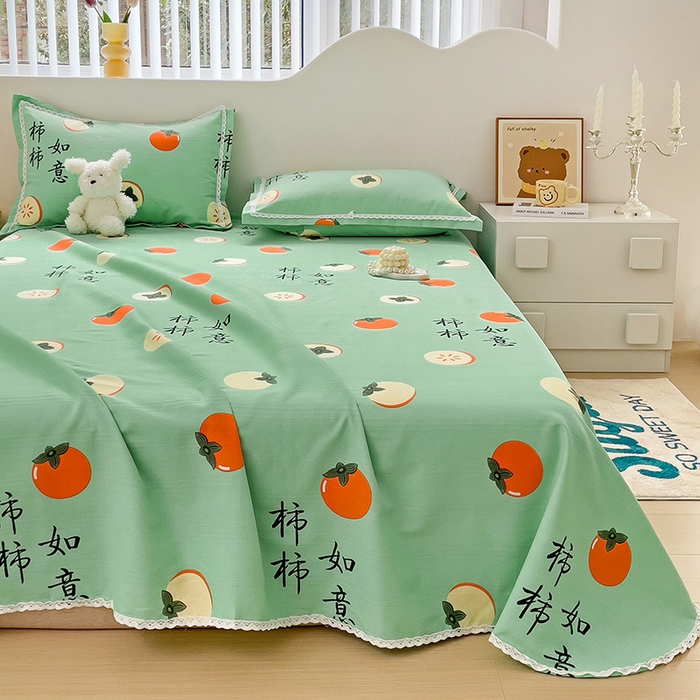 91家纺网 家纺一手货源 找家纺 梵克保罗 2025新款鱼骨棉老粗布凉席花边款床单三件套 柿柿如意-绿