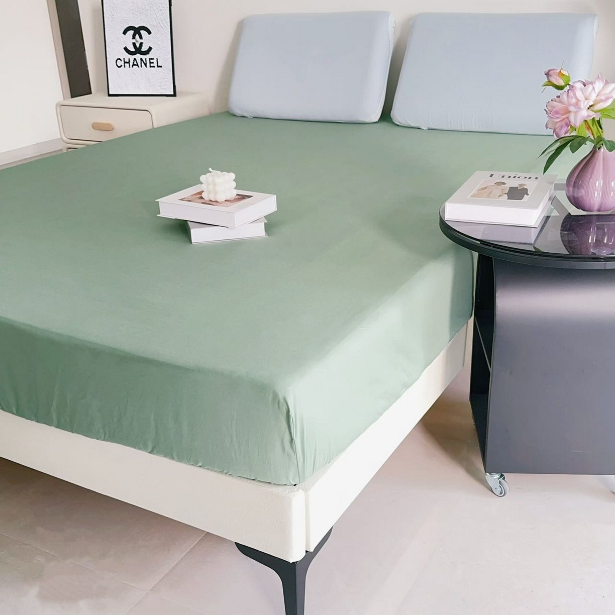 91家纺网 家纺一手货源 找家纺 兜米家居 2025新款纯色全棉床笠 松林绿