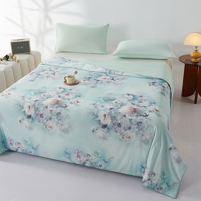 91家纺网 家纺一手货源 找家纺 缔锦家纺 2025新款凉感丝印花夏被 淡雅云影