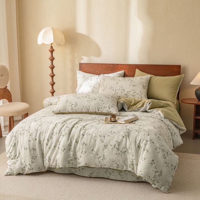 91家纺网 家纺一手货源 找家纺 2025新款40s全棉双层纱圆角吊边款四件套 叶初-绿