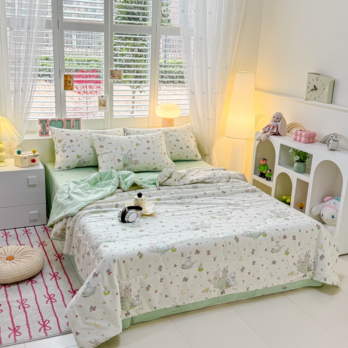 91家纺网 家纺一手货源 找家纺 洺兰家居 2025新款A类全棉印花麻绳款夏被四件套 月兔