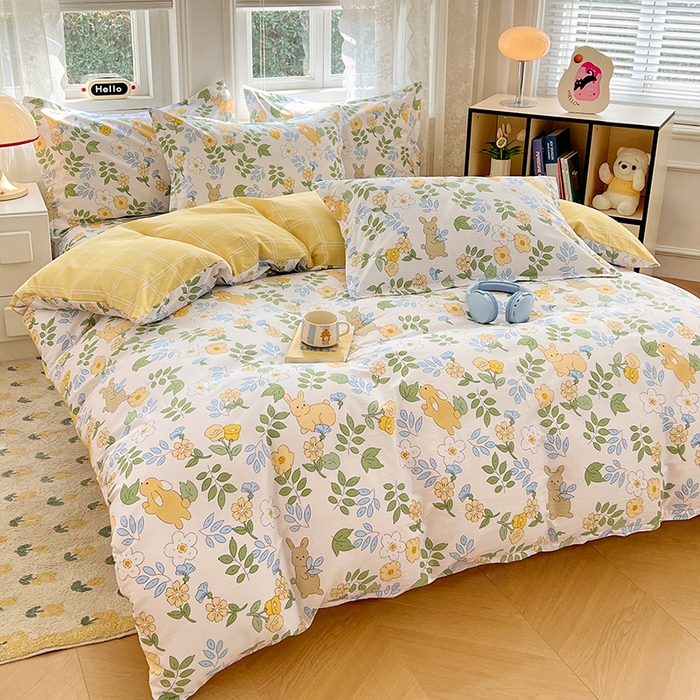 91家纺网 家纺一手货源 找家纺 世爵 2025新款全棉印花小清新套件系列-四件套 云萌小兔