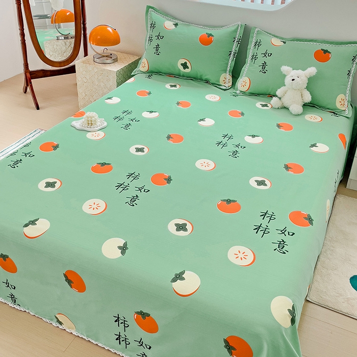 91家纺网 家纺一手货源 找家纺 梵克保罗 2025新款鱼骨棉老粗布凉席花边款床单三件套 柿柿如意-绿