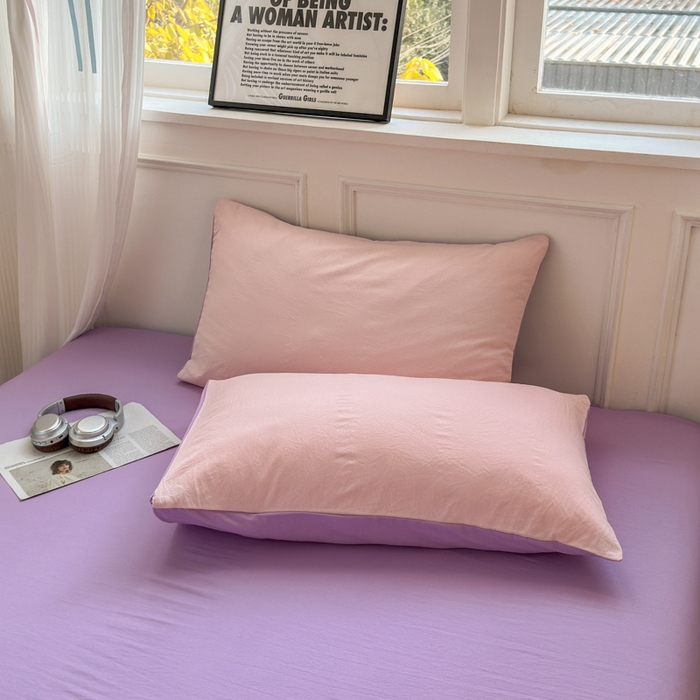 91家纺网 家纺一手货源 找家纺 冕悠家纺 2025新款A类105克超柔褶皱水洗棉拼色四件套 樱花粉+丁香紫