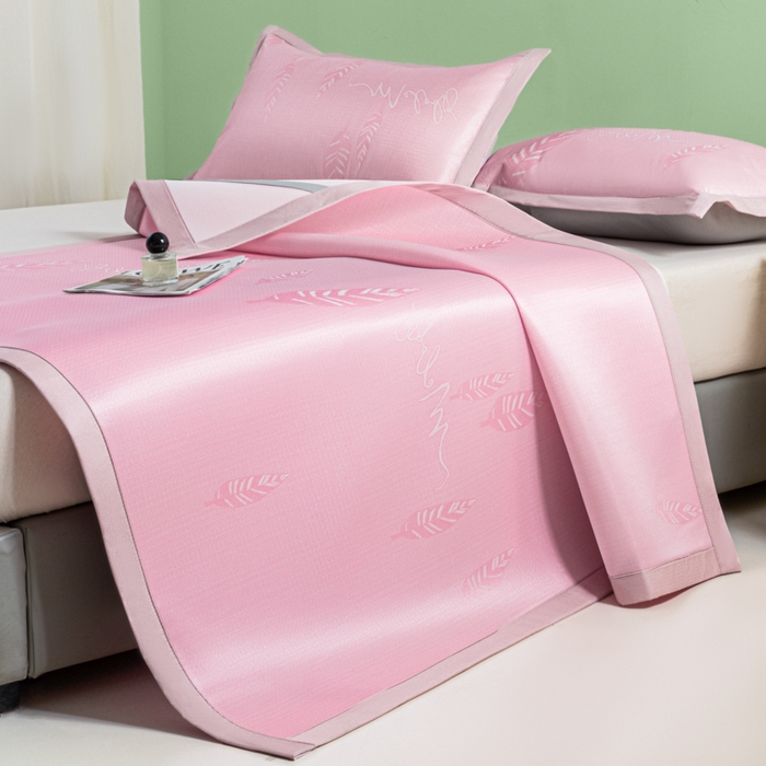 91家纺网 家纺一手货源 找家纺 阿亮家居 2025新款凉席碳光席冰丝席三件套 叶语芊芊-粉