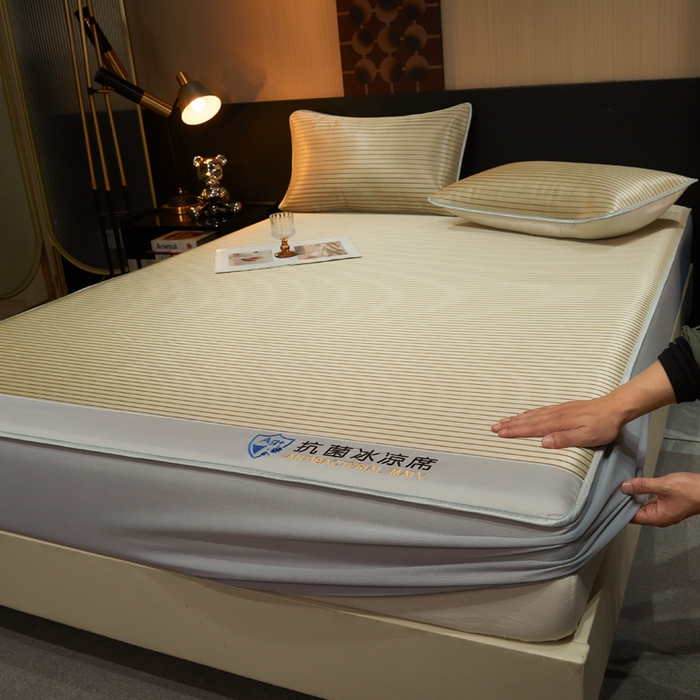 91家纺网 家纺一手货源 找家纺 小萌虎 2025新款碳光抗菌冰丝凉席床笠 水云间-咖