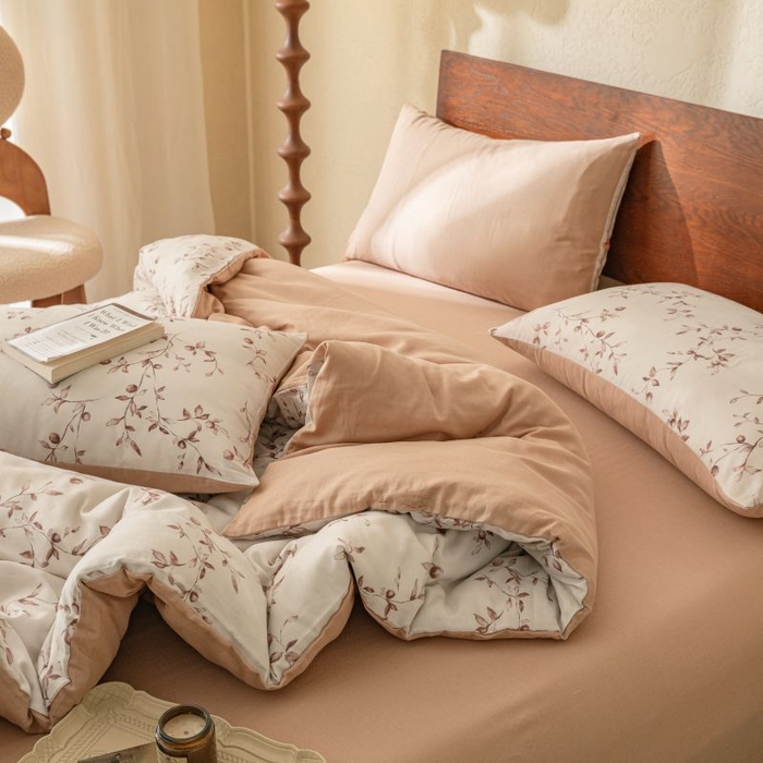 91家纺网 家纺一手货源 找家纺 2025新款40s全棉双层纱圆角吊边款四件套 叶初-咖