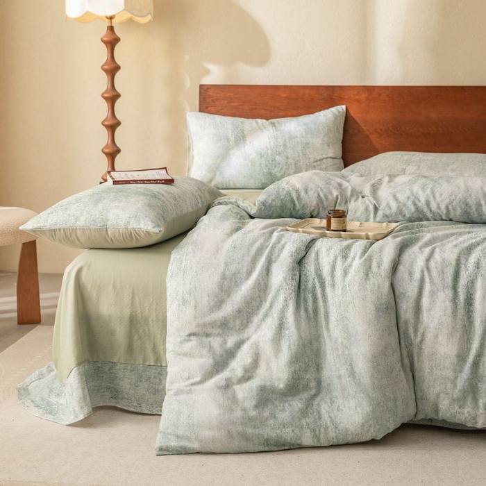 91家纺网 家纺一手货源 找家纺 2025新款40s全棉双层纱圆角吊边款四件套 浮生-灰绿