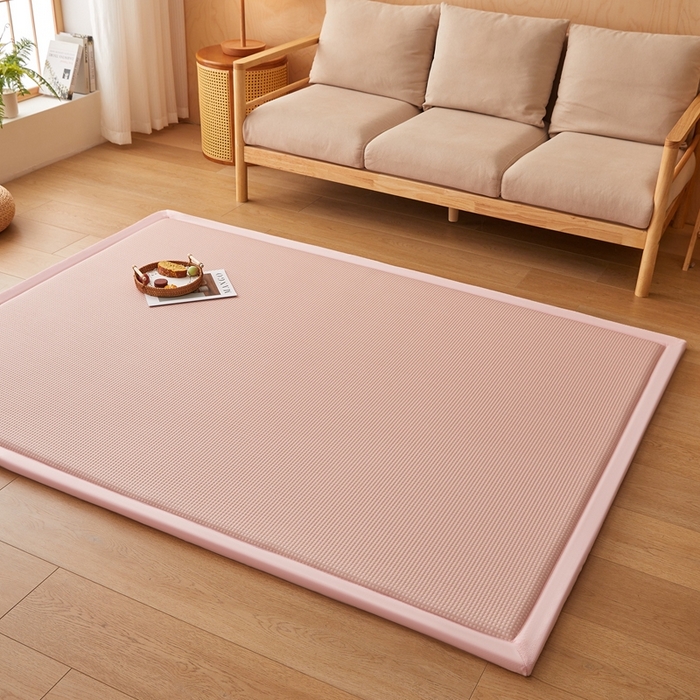 91家纺网 家纺一手货源 找家纺 2025新款包边工艺凉感冰藤地铺睡垫系列凉席地垫 华夫格粉