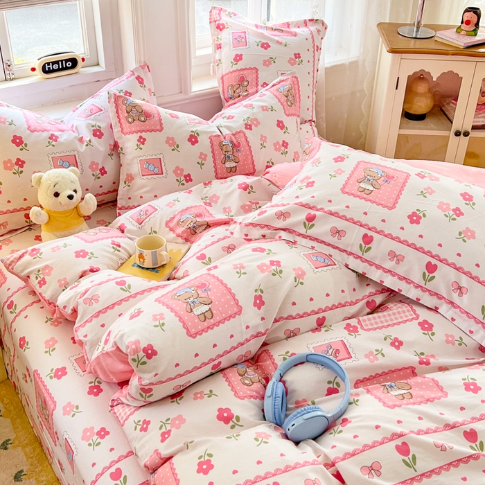 91家纺网 家纺一手货源 找家纺 世爵 2025新款全棉印花小清新套件系列-四件套 花园派对-米