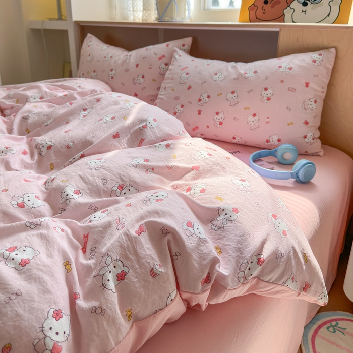 91家纺网 家纺一手货源 找家纺 冕悠家纺 2025新款A类高克重糯叽叽超柔糯水洗棉印花四件套 KT喵