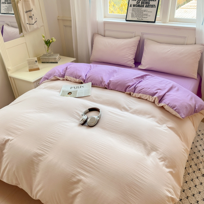 91家纺网 家纺一手货源 找家纺 冕悠家纺 2025新款A类105克超柔褶皱水洗棉拼色四件套 藕粉+丁香紫