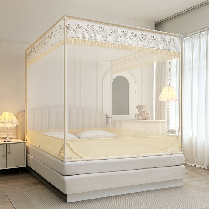 91家纺网 家纺一手货源 找家纺 2025新款双层花边全包围床笠款三开门蚊帐-幽梦星辰 奶黄