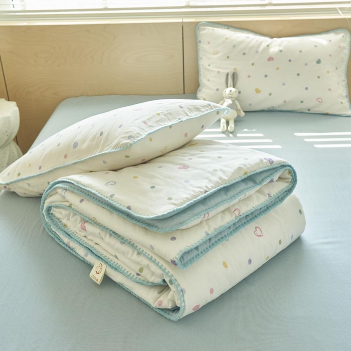 91家纺网 家纺一手货源 找家纺 寐绸家纺 2025新款纯棉双层纱印花大豆纤维夏被四件套 双层纱-波点