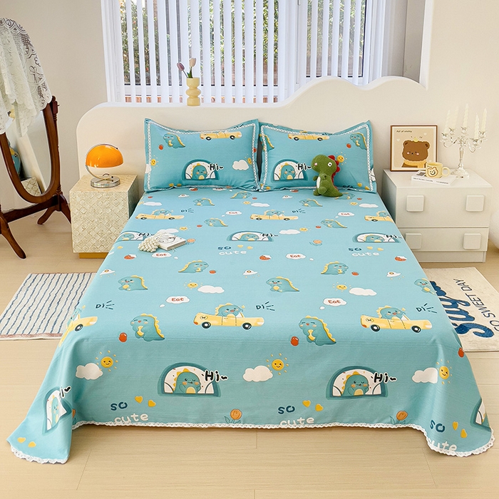 91家纺网 家纺一手货源 找家纺 梵克保罗 2025新款鱼骨棉老粗布凉席花边款床单三件套 恐龙日记