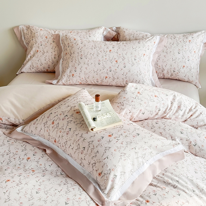 91家纺网 家纺一手货源 找家纺 巧玲珑 2025新款60支A类进口数码印花美式双拼四季款长绒棉四件套 木槿