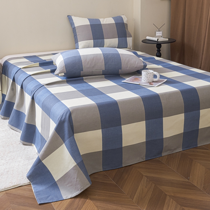 91家纺网 家纺一手货源 找家纺 绒艺席业 2025新款简约原棉印花老粗布床单 蓝白格