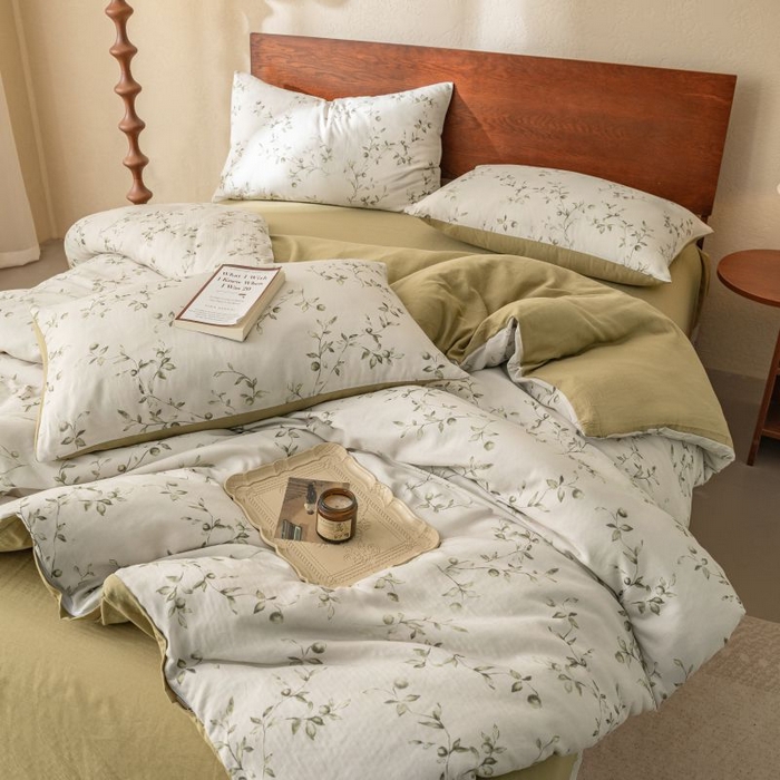 91家纺网 家纺一手货源 找家纺 2025新款40s全棉双层纱圆角吊边款四件套 叶初-绿