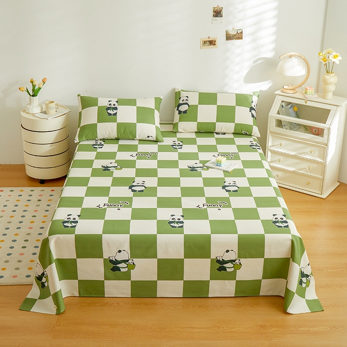 91家纺网 家纺一手货源 找家纺 绒艺席业 2025新款简约原棉印花老粗布床单 绿格熊猫