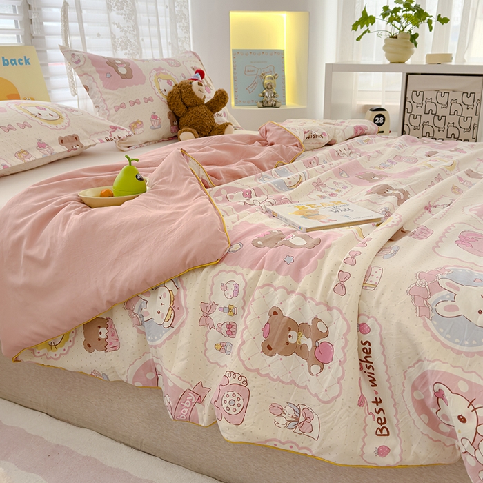 91家纺网 家纺一手货源 找家纺 星巴k家纺 2025新款A类水洗双层纱大豆纤维夏被夏凉被空调被 粉色小熊