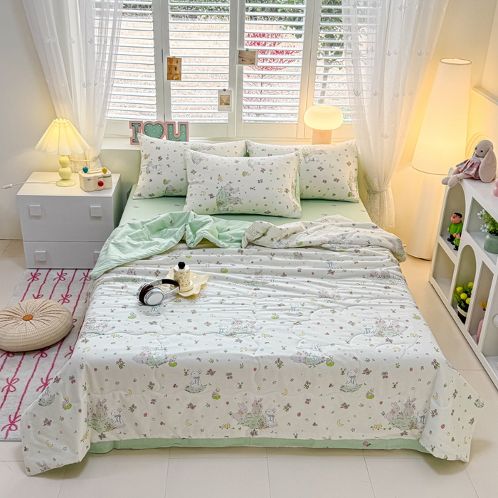 91家纺网 家纺一手货源 找家纺 洺兰家居 2025新款A类全棉印花麻绳款夏被四件套 月兔