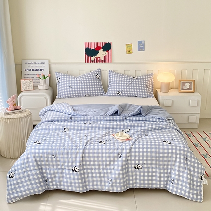 佰亿莱  2025春夏新款水洗棉羽丝绒小花边夏被夏凉被空调被 蓝格熊猫-灰