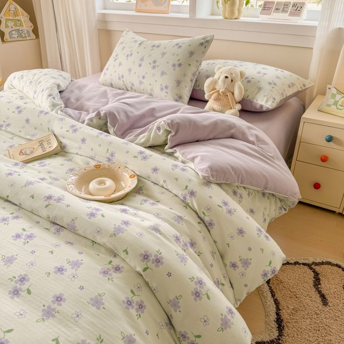 91家纺网 家纺一手货源 找家纺 2025新款40s全棉双层纱圆角吊边款四件套 浅梦-紫