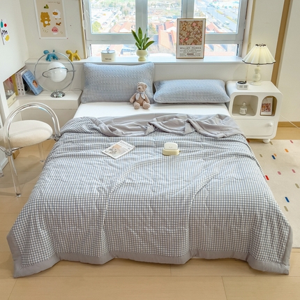 慕木 2025春夏新款双层纱针织棉夏被夏凉被空调被 蓝小格