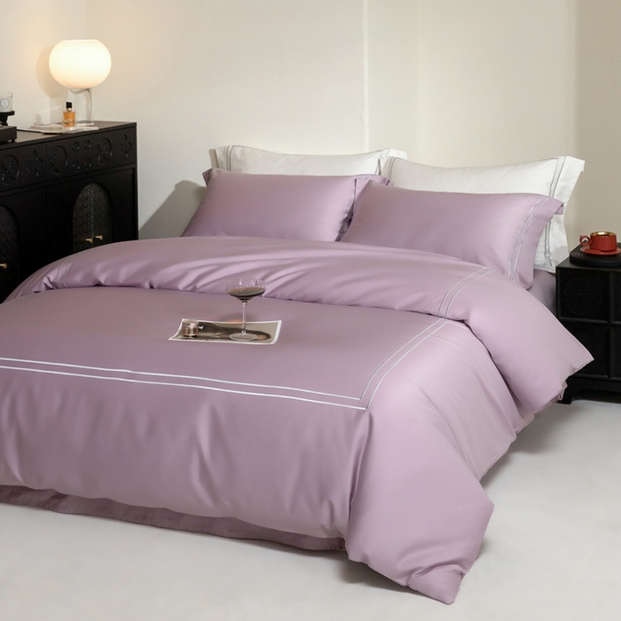 91家纺网 家纺一手货源 找家纺 121  2025新款长绒棉纯棉高支高密贡缎刺绣四件套 贵族紫