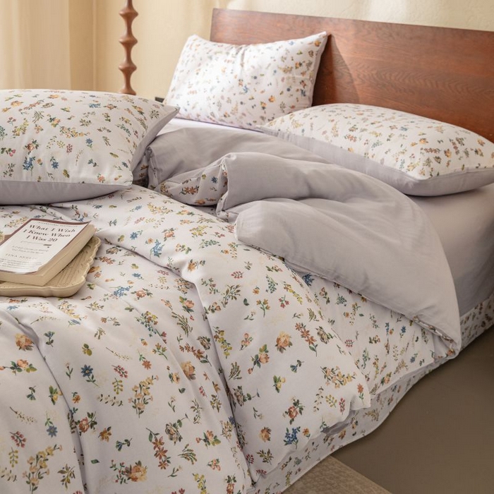 91家纺网 家纺一手货源 找家纺 2025新款40s全棉双层纱圆角吊边款四件套 春色满园-紫