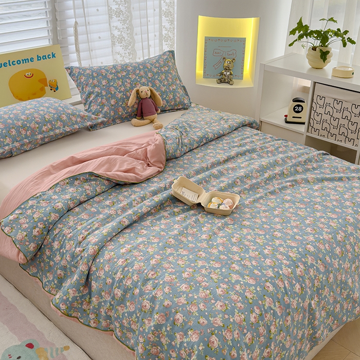 91家纺网 家纺一手货源 找家纺 星巴k家纺 2025新款A类水洗双层纱大豆纤维夏被夏凉被空调被 玫瑰花园